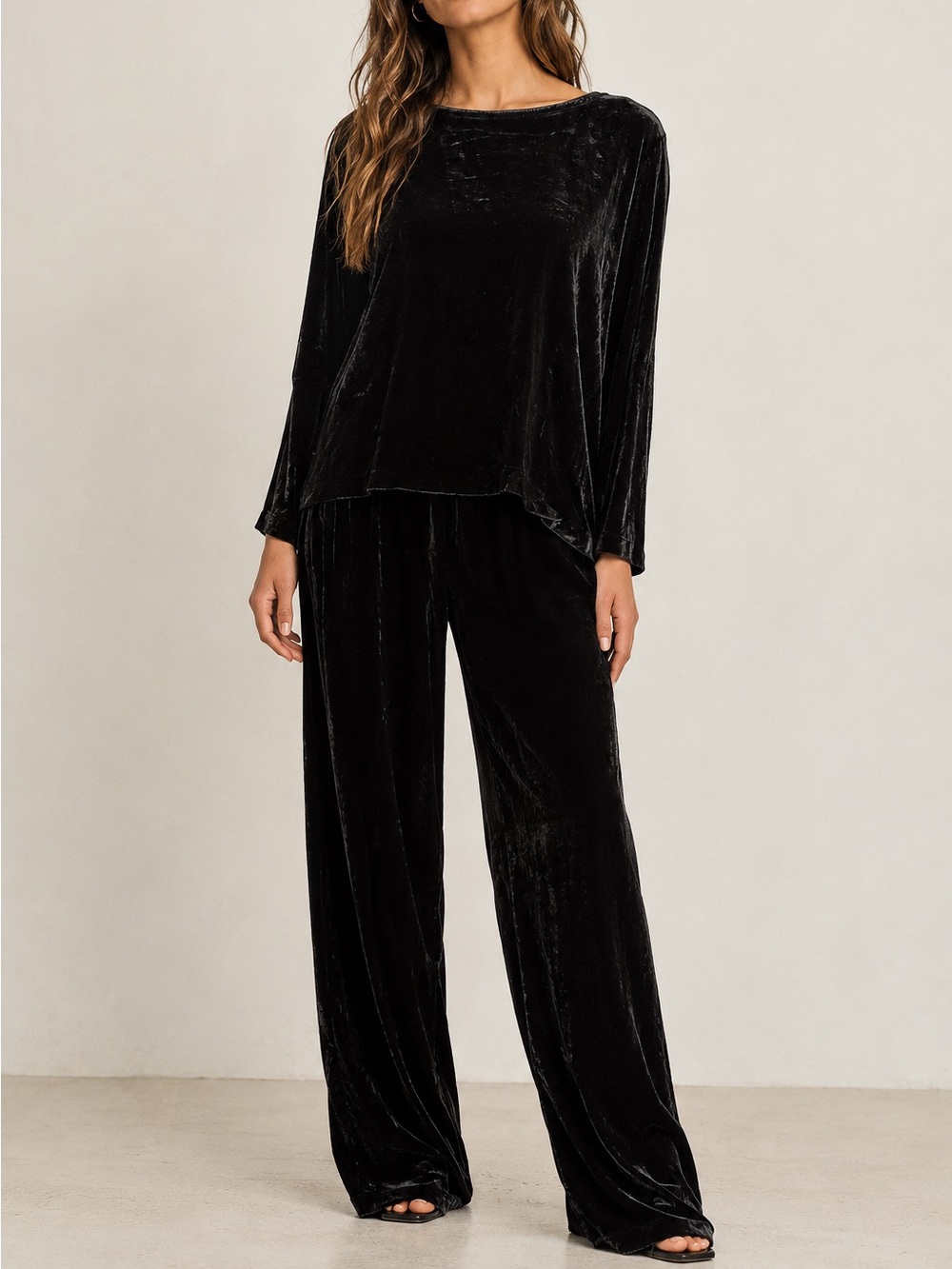 Eileen Fisher Silk Blend Velvet Black Wide Leg Pants 2 Piece Set size Small